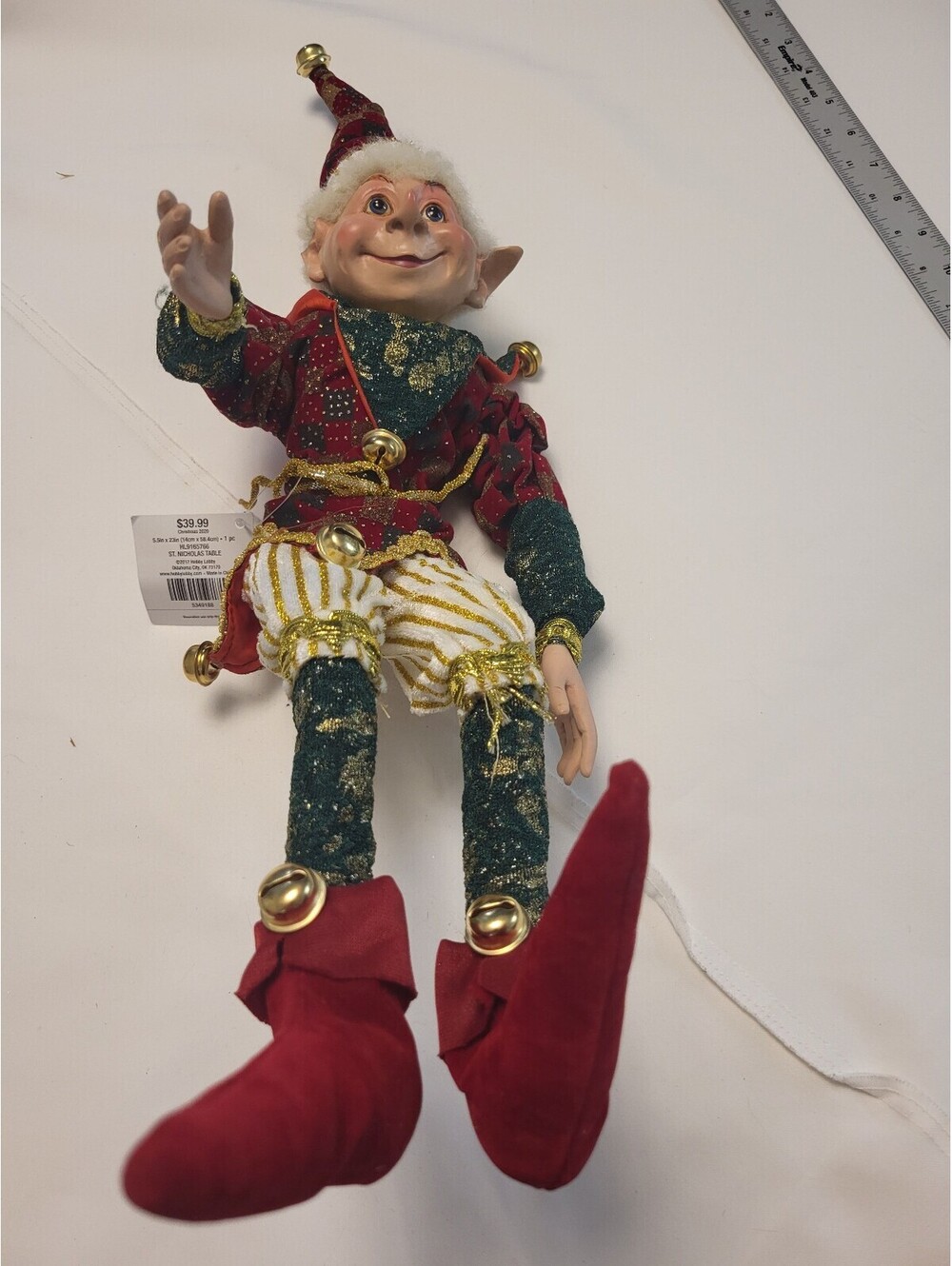 Festive Elf Figurine with Jingle Bells and Glitter Accents 22 Tall
